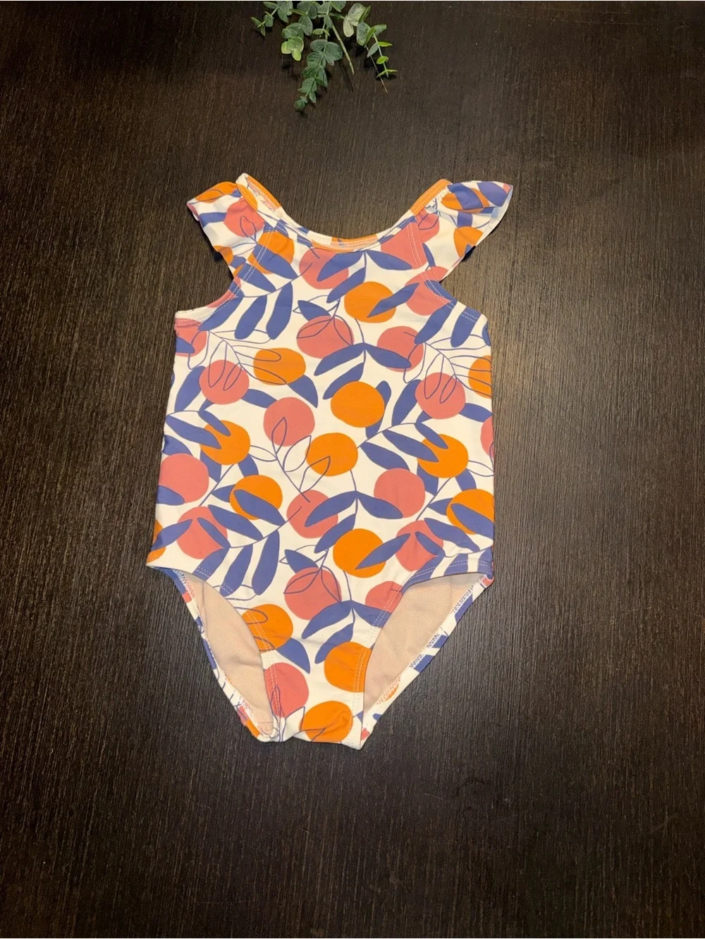 Tea Collection Orange & Purple Leaf Print Ruffle One-Piece Swimsuit